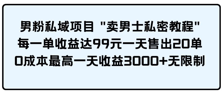 男粉私域项目 卖男士私密教程 每一单收益达99元一天售出20单-中创 网赚