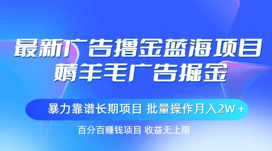 最新广告撸金蓝海项目，薅羊毛广告掘金 长期项目 批量操作月入2W＋-中创 网赚