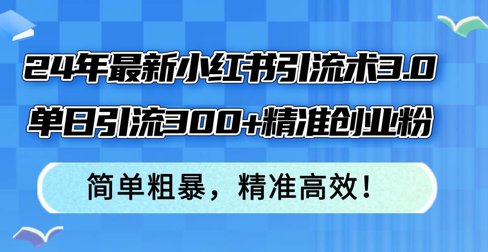 24年最新小红书引流术3.0，单日引流300+精准创业粉，简单粗暴，精准高效！-中创 网赚