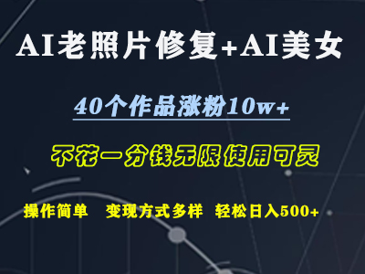 AI老照片修复+AI美女玩发  40个作品涨粉10w+  不花一分钱使用可灵  操作简单  变现方式多样话   轻松日去500+-中创 网赚